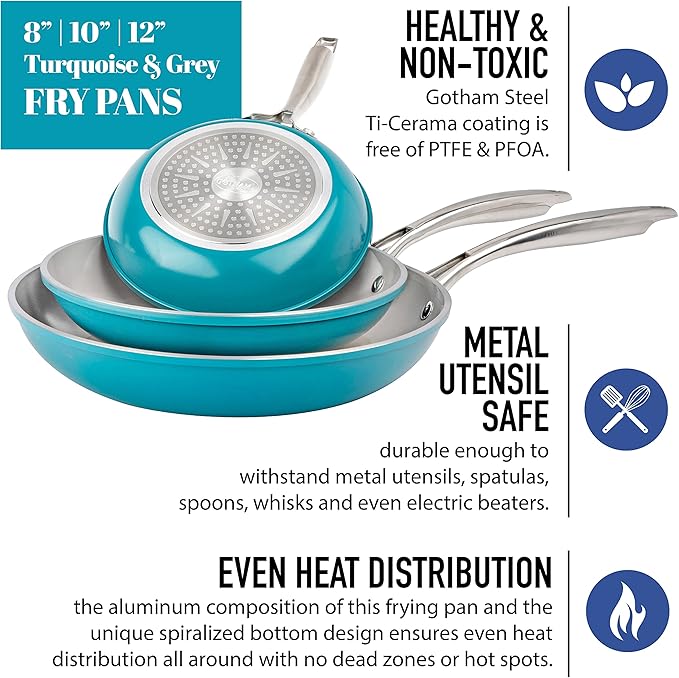 Gotham Steel 3 Piece Nonstick Ceramic Fry Pans Set 8' 10' &amp 12' Nonstick Skillet Set Omelet Pan PFOA Free Dishwasher Safe Cool Touch Handle - Turquoise Blue