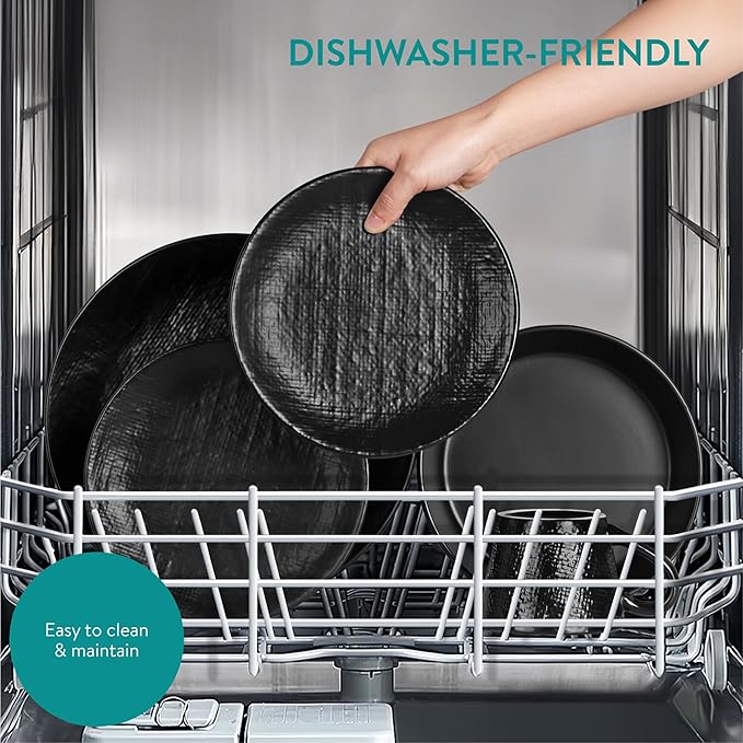 Navaris Linen Artisan Stoneware Dinnerware Set (16 Pieces) - Dishwasher and Microwave Safe Plates Bowls Mugs in Charcoal Black