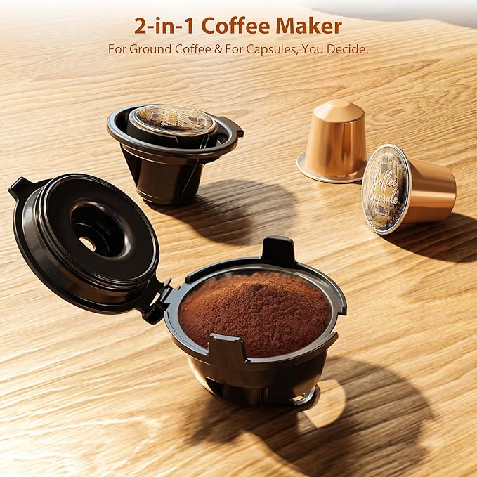 WAA 2-in-1 Single Serve Coffee Maker for Both Capsule &amp Ground Adjustable Funnel 6-14oz Brew One-Touch Switch Safe &amp Easy Clean Perfect for Home/Office.