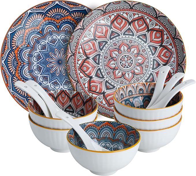 Bohemian Porcelain Dinnerware Set 14-Piece Plates &amp Bowls for 2 Microwave &amp Dishwasher Safe Unique Pattern Gift Set