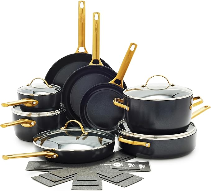 GreenPan Hard Anodized Healthy Ceramic Nonstick 16 Piece Cookware Pots and Pans Set Gold Handle PFAS-Free Dishwasher Safe Oven Safe Black