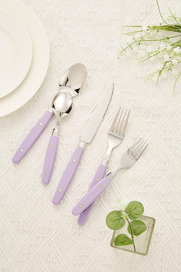 ANNOVA Silverware Set Retro/Rivet Colorful Stainless Steel Tableware Kitchen Flatware Set Utensils Includes Dinner Knives Forks Spoons Salad Forks &amp Dessert Spoons (Lilac 20 Pieces)