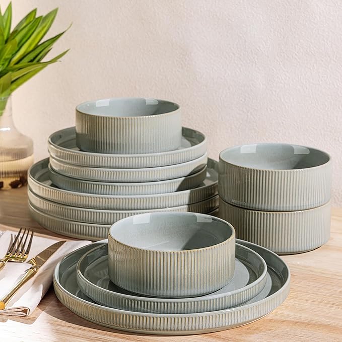 TheTerra Ceramic Dinnerware Sets for 4 12 Pieces Porcelain Lightweight Plates and Bowls Sets Scratch Resistant Dish Set Oven &amp Microwave &amp Dishwasher Safe Desert Sage