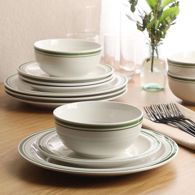 Gibson Home Hometown Diner 12-Piece Porcelain Dinnerware Set Round Plates and Bowls Set for 4 White with Green Rim Dishwasher Safe – Dinner Plate Salad Plate &amp Cereal Bowl
