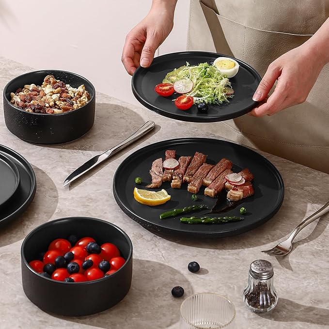 GZG Classic Series - Plates and Bowls Set for 2 6 Piece Stoneware Dinnerware Sets Microwave and Dishwasher Safe Lead-Free Handcrafted Ceramic Dishes Set - Frosted Matte Black