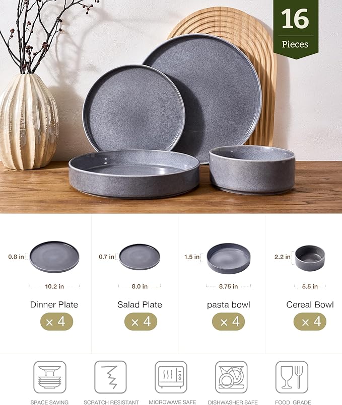 Famiware Annecy Plates and Bowls Sets Service for 4 (16 Pieces) Dinnerware Sets with Pasta Bowls Microwave and Dishwasher Safe Dishes Set Chip and Scratch Resistant Misty-Blue