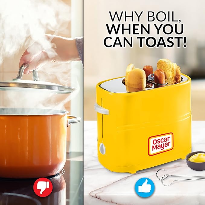 Oscar Mayer 2 Slot Hot Dog and Bun Toaster with Mini Tongs Hot Dog Toaster Works with Chicken Turkey Veggie Links Sausages and Brats Yellow