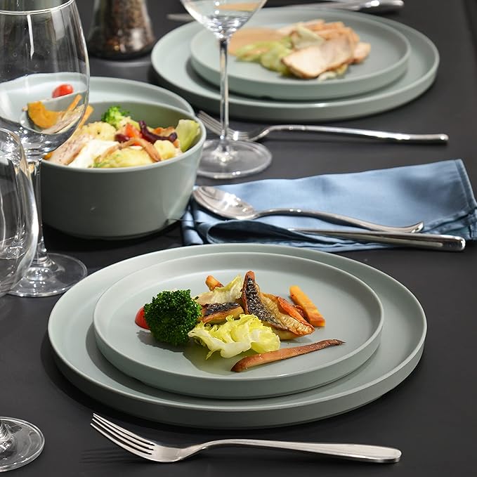 FINE&ampNICE 12Pcs Melamine Dinnerware Sets Plates and Bowls Sets for 4 Unbreakable and Lightweight Dishes Set for Indoor and Outdoor Use BPA Free Dishwasher Safe (Sage Green)
