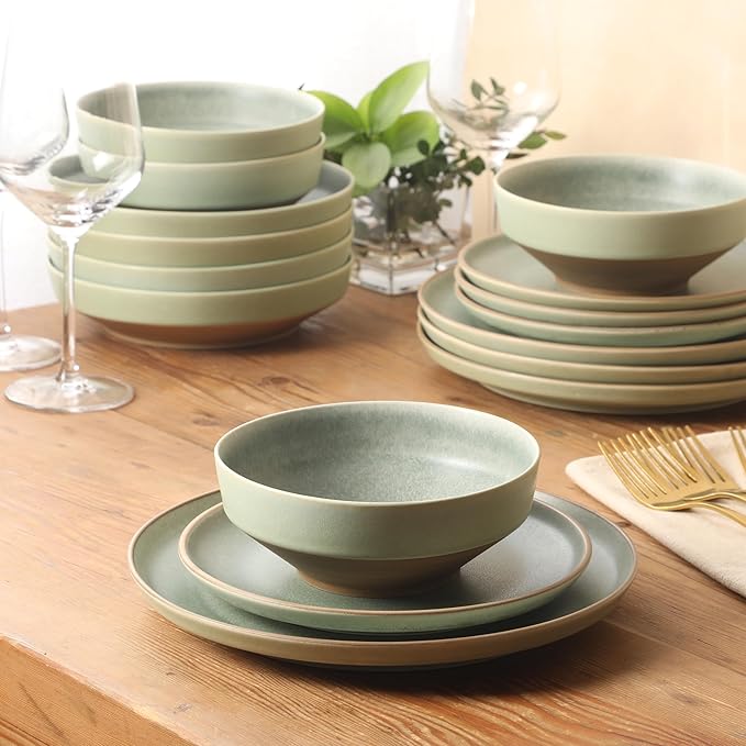 Gibson Elite Octavia Place 16 Piece Stoneware Dinnerware Set Service for 4 Coupe Modern Plates &amp Bowls Reactive Glaze Finish Green Microwave &amp Dishwasher Safe