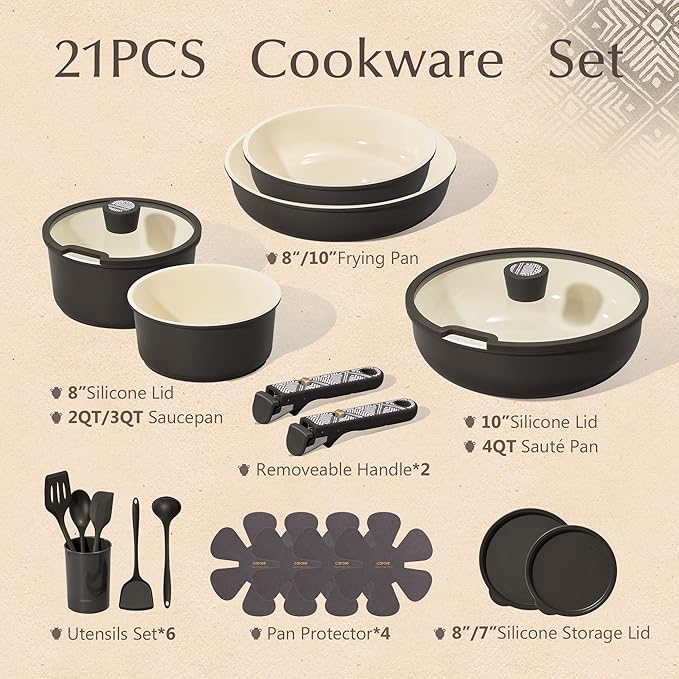 CAROTE 21-Piece Ceramic Cookware Set Nonstick Pots and Pans Set with Detachable Handle Non-Toxic Kitchen Cooking Set Induction Compatible Dishwasher &amp Oven Safe Charcoal
