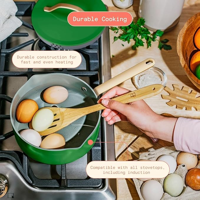 Pans12pc Ceramic Non-Stick Cookware Set by Drew Barrymore Pots &amp Pans with Lids Dishwasher‑SafeSoft‑Touch Handles Even‑Heat Base. (Kelly Green)