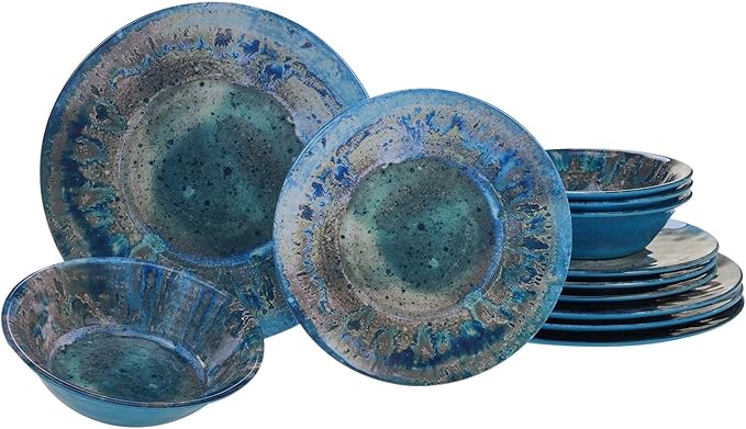 Misc 12-Piece Dinnerware Set Blue Textured Casual Modern Contemporary Round 12 Piece Dishwasher Safe