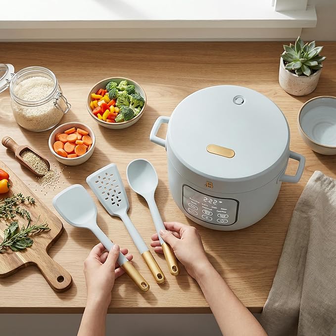 14 Cup Rice and Grain Cooker 6 Cup Uncooked Electric Rice Cooker with 8 Presets with 3 Piece Silicone Kitchen Utensil Set - Hydrangea Programmable Rice Maker with Steamer Tray and Keep Warm