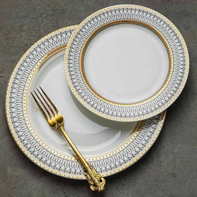 42 Piece Porcelain Dinnerware Set Light Luxury Style Translucent Dishwasher Microwave Safe Plates Bowls Scratch Resistant Dishware Sets (Gold 19 piece set)