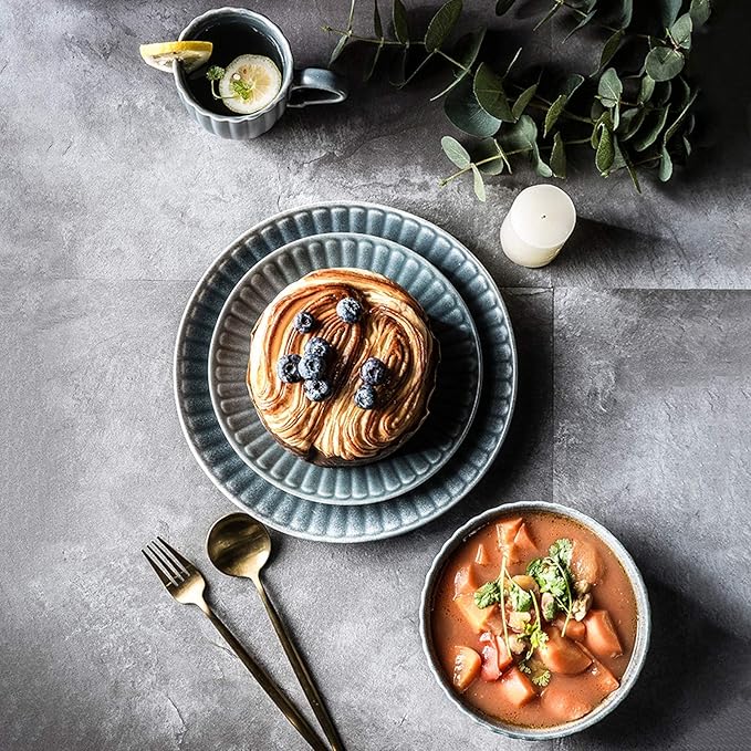 Porcelain Dinnerware Sets Retro Style Three-Dimensional Relief Cereals Bowls And Steak Plates Sets | 22 Pieces Ceramics Dinner Combination Set With Mug