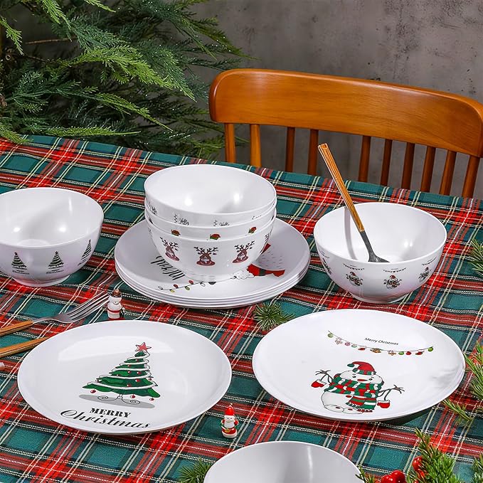 12 Pcs Christmas Melamine Dinner Plates and Bowl Service for 6 Guest with 6in Bowl 10in Plates Reusable Dinnerware Sets Xmas Party Supplies Gifts Festive Holiday Tableware Collection