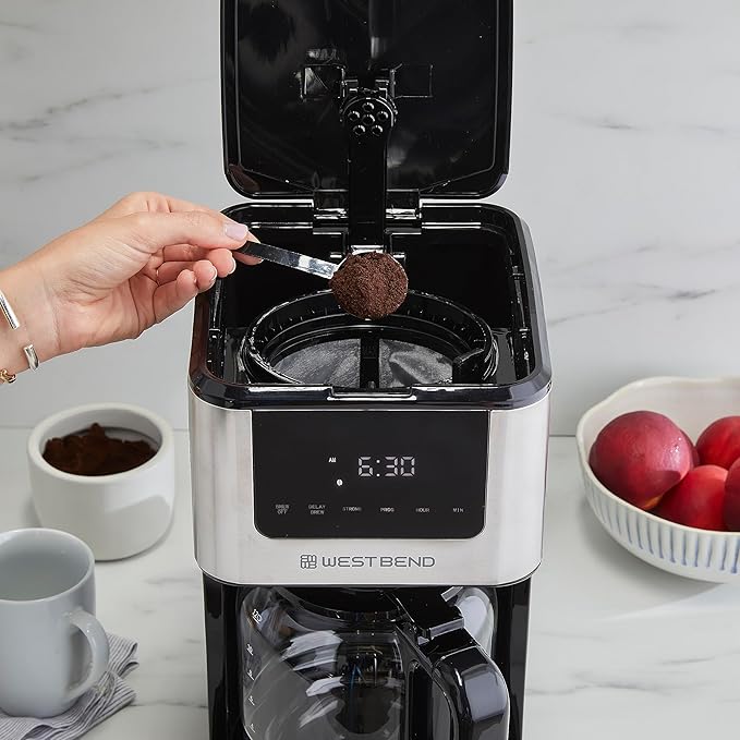 West Bend Drip Coffee Maker Brews Hot or Iced Programmable with Brew Strength Selector Auto Shut-Off and 6 Functions Permanent Mesh Filter and Glass Carafe 12-Cup Metallic