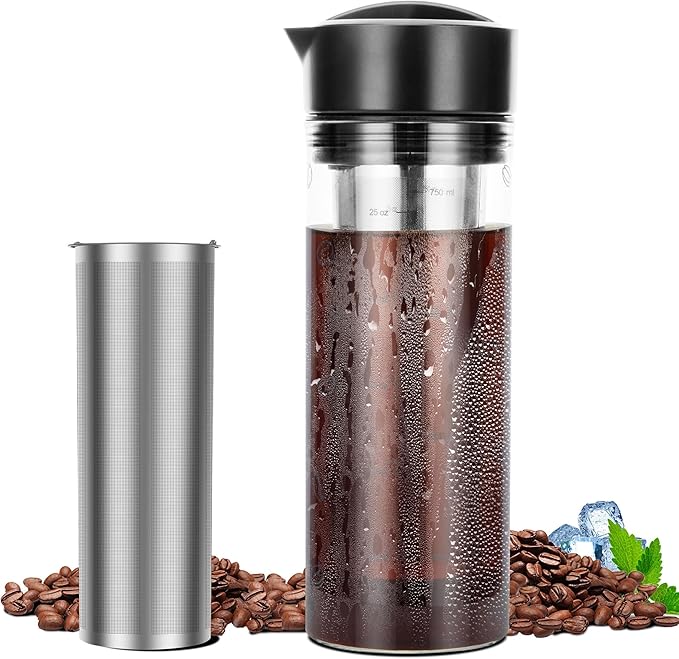 25oz Cold Brew Coffee Maker 4 Cup Capacity Tea Maker Iced Coffee Pot Cold Heat Resistant Borosilicate Glass Carafe Stainless Steel Mesh Filter Basket and Black Freshness Lid