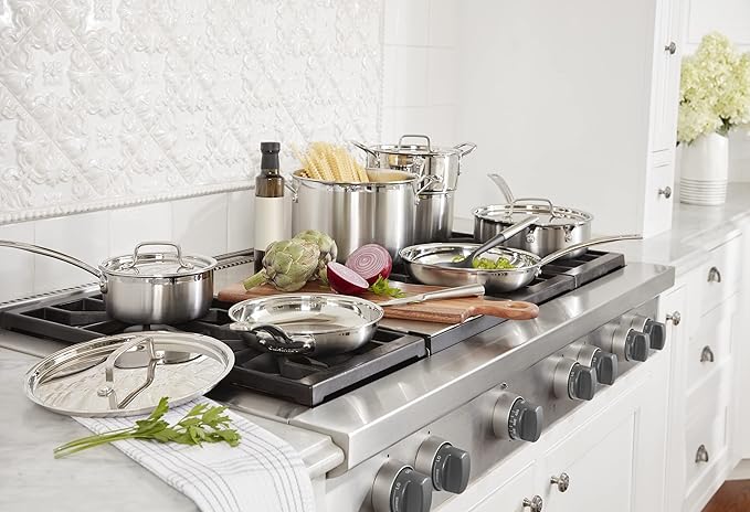 Cuisinart 12 Piece Cookware Set MultiClad Pro Triple Ply Silver MCP-12N &amp Food Processor Mini-Prep 3 Cup 24 oz Brushed Chrome and Nickel DLC-2ABC