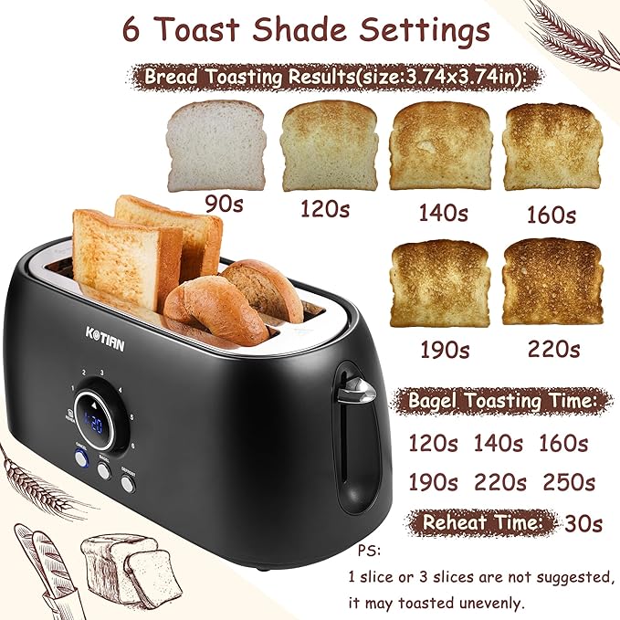 Toaster 4 SliceKOTIAN Retro Long Slot Toasters with Countdown TimerStainless Steel ToasterBagelDefrostReheatCancel FunctionsExtra Wide Slots6 Toast SettingsRemovable Crumbs TrayMatte black
