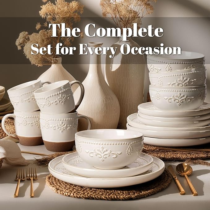 Artena Plates And Bowls Sets 16 Pieces Dinnerware Sets Dish Set For 4 Ceramic Kitchen Bowl And Plate Set Embossed White Dishware Sets Dishwasher &amp Microwave Safe (Damask Floral) (With Mugs)