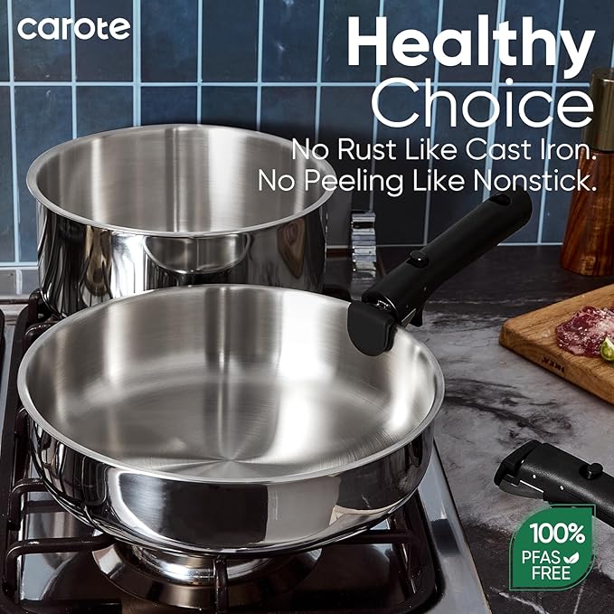CAROTE 18pcs Stainless Steel Cookware Set with Detachable Handle Nonstick Pots and Pans Set Induction Kitchen Cookware Sets with Removable Handle RV Cookware Set Oven Safe Camping Cookware Black