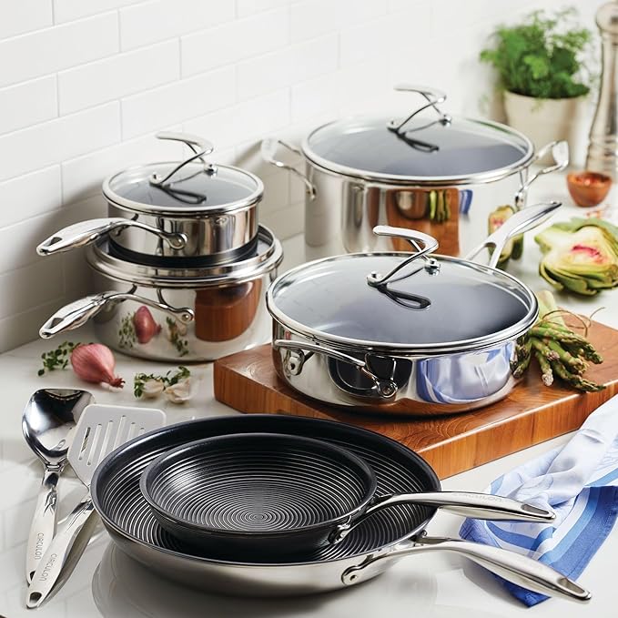 Circulon Clad Stainless Steel Cookware Pots and Pans and Utensil Set with Hybrid SteelShield and Nonstick Technology 12 Piece - Silver
