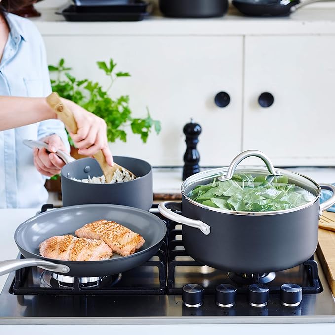 GreenPan Lima Healthy Ceramic Nonstick Cookware Pots and Pans Set 12 Piece Gray &amp Lima 1QT and 2QT Ceramic Non-Stick Saucepan Set Gray -