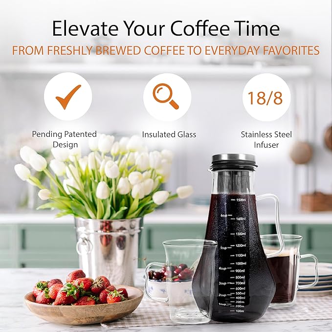 James Bentley Complete Cold Brew Coffee Set – Cold Brew Coffee Maker Glass for Hot and Cool Drinks Fridge Friendly — Glass Carafe Stainless Steel Infuser Double Wall Cups x2 &amp Cleaning Brush