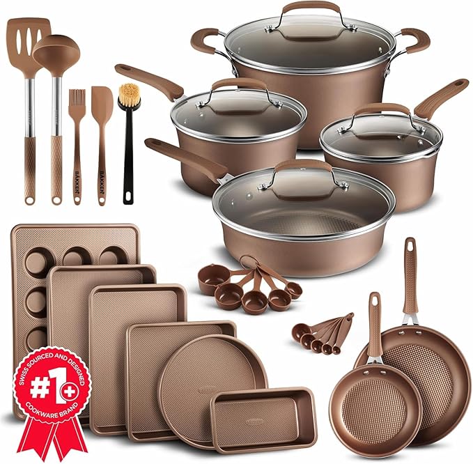 Pots and Pans Set 23-Piece Non Stick Cookware &amp Bakeware Sets with Plaid Pattern Stackable Design Dishwasher Safe Stain-resistant Oven &amp All-Stove Safe Tempered Glass Lid Golden