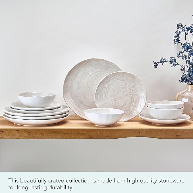 Mikasa Harley 12 Piece Stoneware Hand-Crafted Dinnerware Set Service for 4 Plate and Bowl Modern with Organic Freeform Shape White