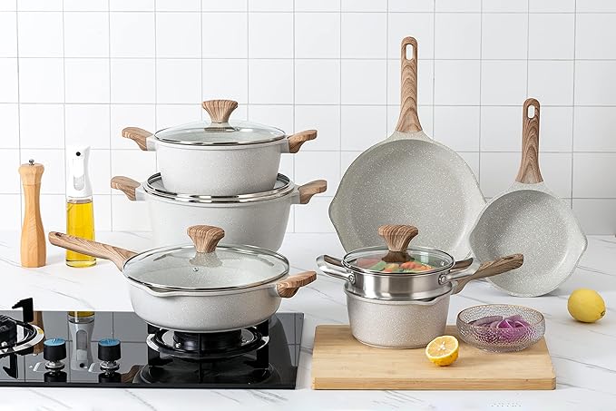 Country Kitchen Non-Stick Cast Aluminum Cookware Set - Durable Kitchen Cookware for Everyday Cooking Cream 15 Pc.