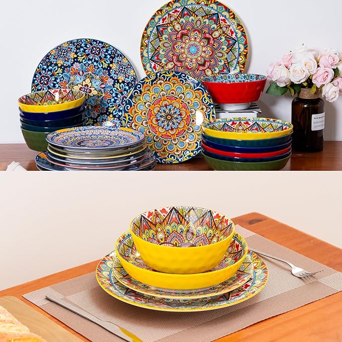 16 Pieces Dinnerware Sets Service for 4 Plates and Bowls Set Ceramic Dishes Set for 4 Microwave and Dishwasher Safe Scratch Resistant Bohemian Style