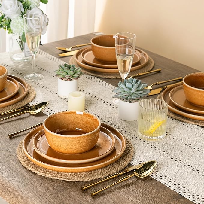 GBHOME Ceramic Dinnerware Sets for 8 24 Pieces Stoneware Plates and Bowls Sets Scratch Resistant Dishes Dishwasher &amp Microwave Safe Reactive Glaze-Amber