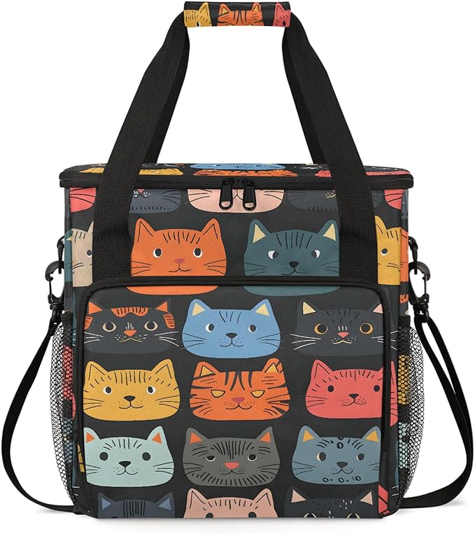 Cute Cartoon Cat Coffee Maker Carring Bag Large Insulated Storage Organizer Case Tote Bags with Shoulder Strap for Travel Work Picnic