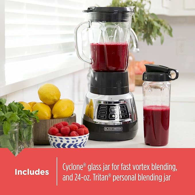 Black+Decker Quiet Blender with 6-Cup Cyclone Glass Jar 3 Speeds + 3 Functions &amp Serrated Blade Technology for Faster Blending Pulse Button and 24-oz Personal Jar 900W (Renewed)