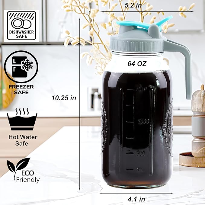 Cold Brew Coffee Maker 64 Oz Wide Mouth Mason Jar Iced Coffee Maker 2 Set Half Gallon Glass Pitcher With Strainer 2 Quart Cold Brew Pitcher With Spout Lids For Fridge Lemonade Cold Brew Milk