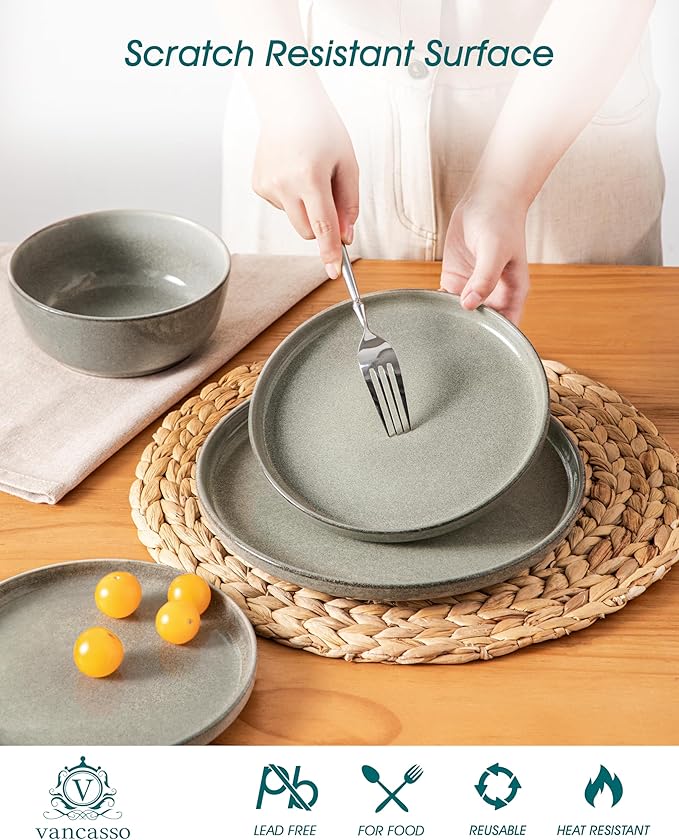 vancasso ANYA 18 Pieces Plates and Bowls Set Stone Grey Dinnerware Sets Reactive Glaze Dishes Set for 6 Ceramic Dishware Sets Kitchen Dinner Set Microwave &amp Dishwasher Safe