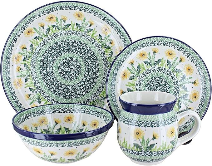 Blue Rose Polish Pottery - Yellow Dandelion 4 Piece Place Setting - Service for 1-1 Place Setting - Great for Everyday Dining Casual Dining or as Formal Dinnerware