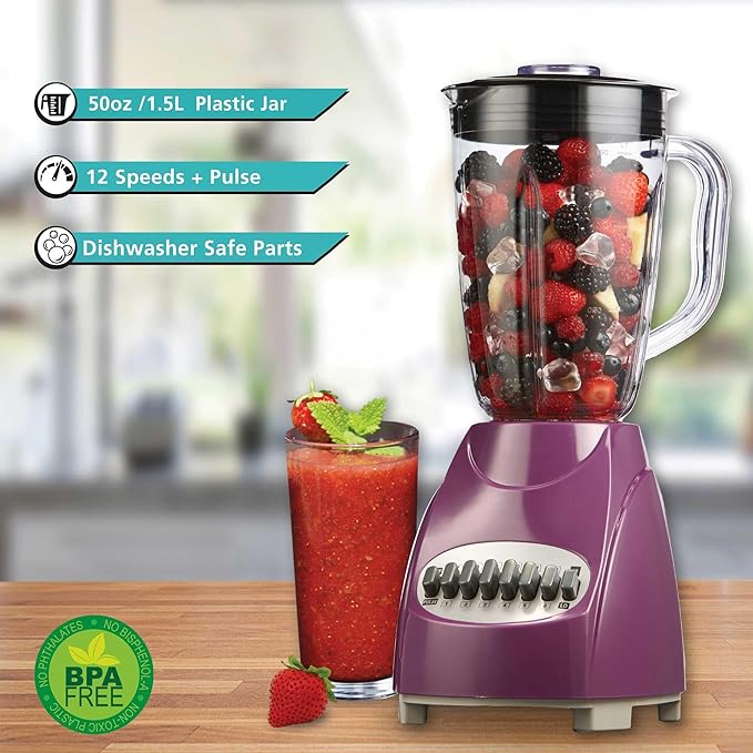 12-Speed Countertop Blender with Pulse Function – 50oz BPA-Free Jar Stainless Steel Blades Ice Crusher &amp Smoothie Maker 350W Kitchen Blender (Purple)