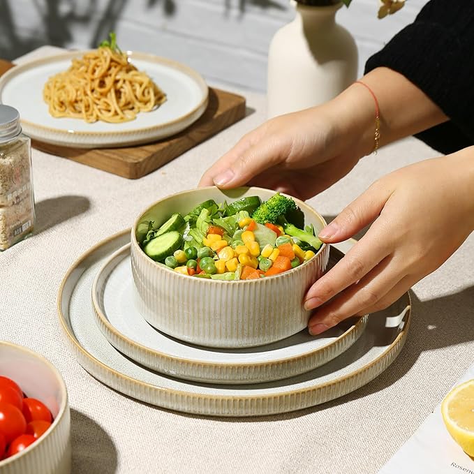 MONITO Ceramic Dinnerware Sets for 6 18PCS Stoneware Plates and Bowls Sets Reactive Glaze Dish Set Chip and Scratch Resistant Double Microwave and Dishwasher Safe Beige