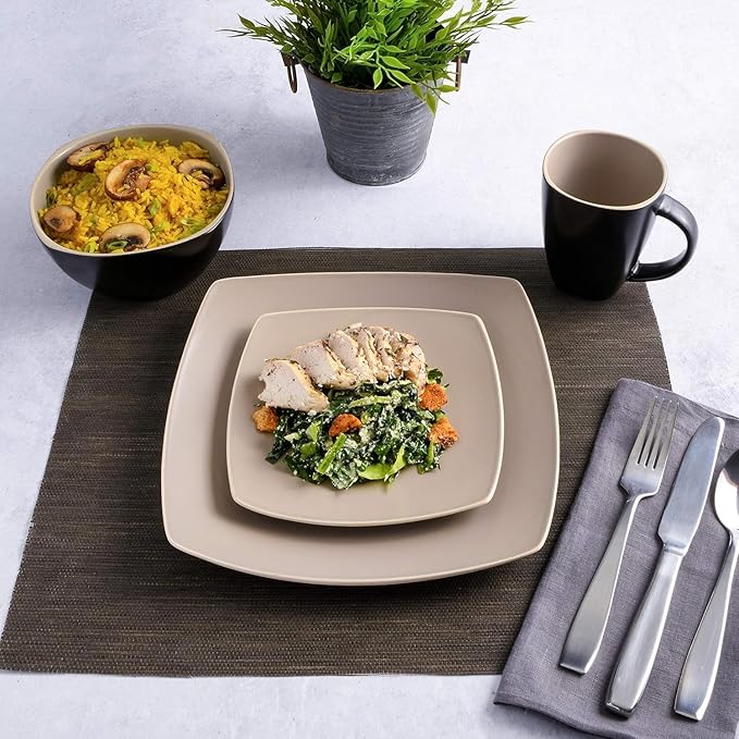 16-Piece Square Stoneware Dinnerware Set – Matte Taupe &amp Gray Modern Plates Bowls &amp Mugs Microwave &amp Dishwasher Safe
