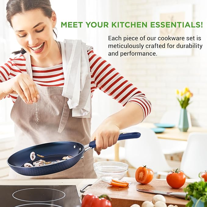 NutriChef 11 Piece Pots and Pans Set - Non Stick Cookware Set with Ceramic Coating Cool-Touch Handles Induction Ready Includes Lids and Utensils - Diamond Blue
