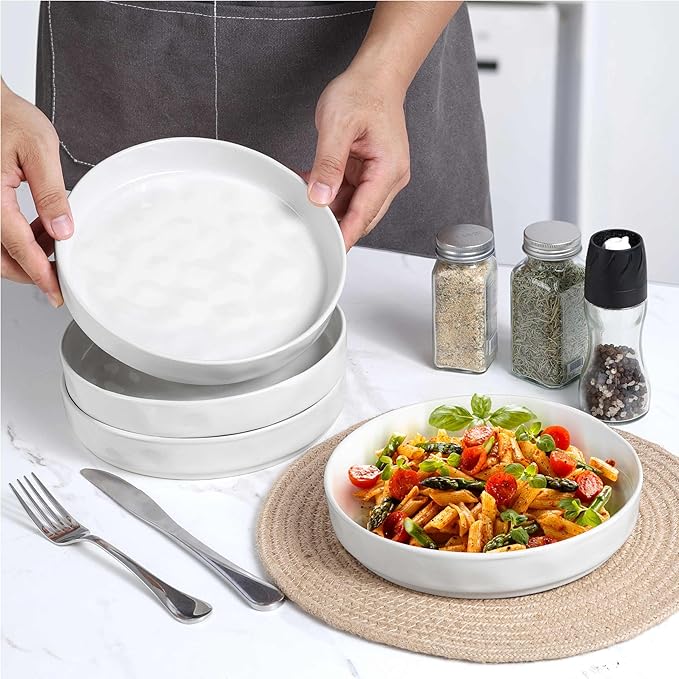 LIANYU 16 Piece Dinnerware Set with Pasta Bowls Stoneware Dinner Plates and Bowls Sets Wide Shallow Speckled Dishes Set for 4 Chip and Scratch Resistant Microwave &amp Dishwasher Safe Polar Whit