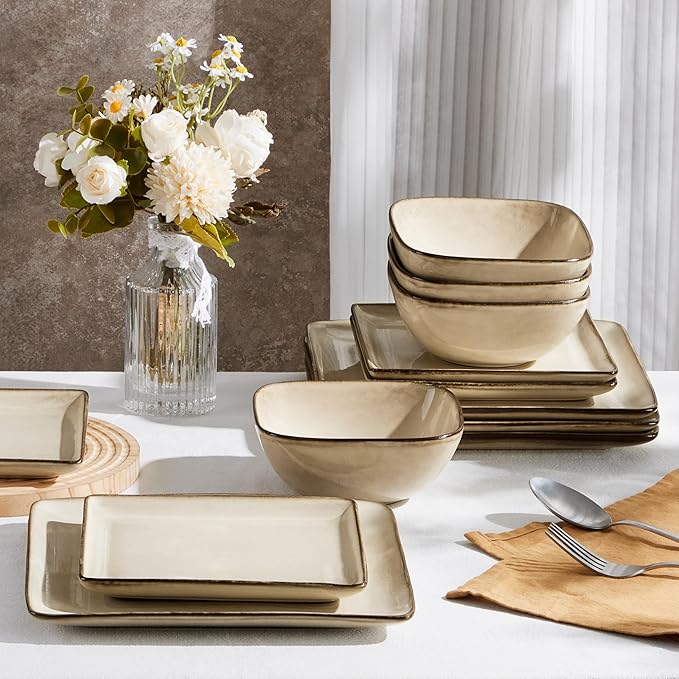 E-far Square Plates and Bowls Sets 12-Piece Stoneware Dinnerware Sets for 4 Reactive Glaze Dish Set Chip and Scratch Resistant Microwave and Dishwasher Safe Sandy Beige
