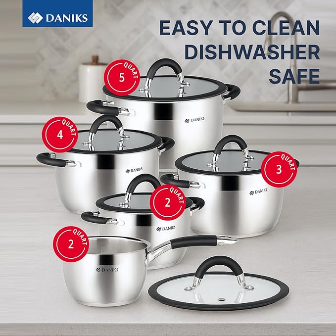 Daniks Orlando 10-Piece Stainless Steel Cookware Set with Glass Lids Includes Saucepan Tri-Ply Bases for Even Heating Induction Compatible Dishwasher Safe Heatproof Handles