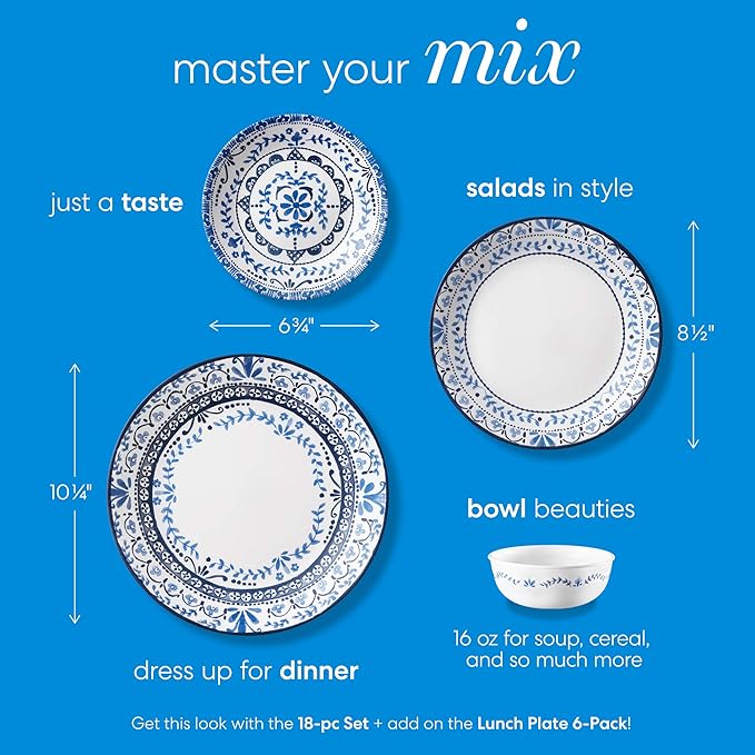 Corelle Vitrelle 18-Piece Service for 6 Dinnerware Set Triple Layer Glass and Chip Resistant Lightweight Round Plates and Bowls Set Portofino