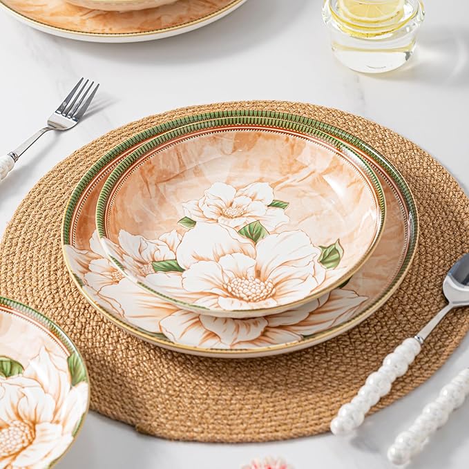 Plates and Bowls Sets for 4 16-Piece Dinnerware Set Ceramic Dish Sets for 4 with Camellia Floral Pattern Microwave &amp Dishwasher Safe for Everyday Use &amp Gift Giving
