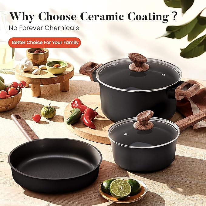 Kitchen Academy Ceramic Pots and Pans Set Non Stick - 10 Pcs Induction Cookware Set Non Toxic Healthy Nonstick Black Cooking Pans Set PFAS/PTFE/PFOA &amp PFOS Free