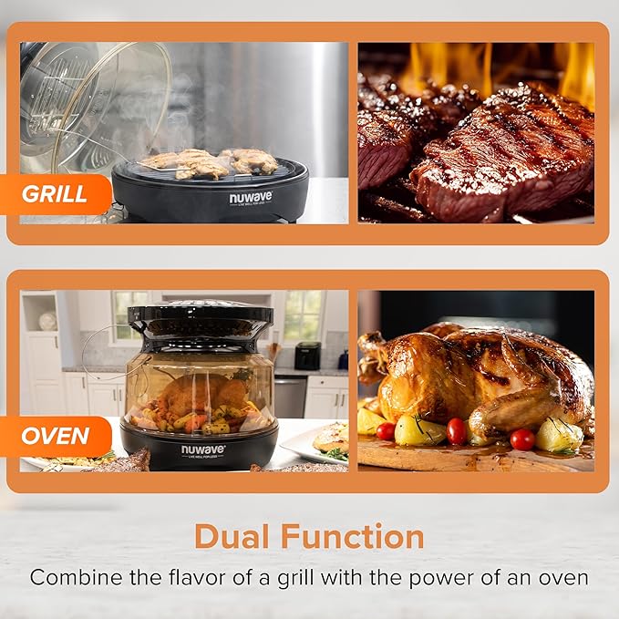 Nuwave Infra-Red Primo Grill Oven Integrated Smart Thermometer Nonstick Grill Bottom &amp Convection Top for Surround Cooking Cook Fresh or Frozen Durable Power Dome Included
